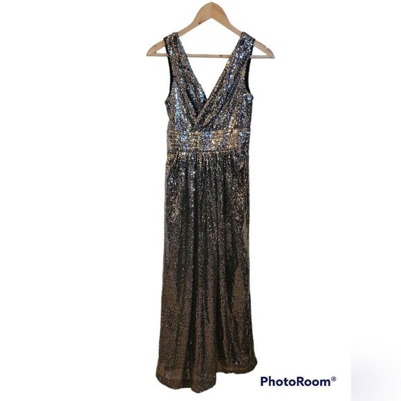 Kate Kasin Silver Black Sequin Bridesmaid Sleeveless Maxi Evening Prom Dress 2 - Picture 4 of 15